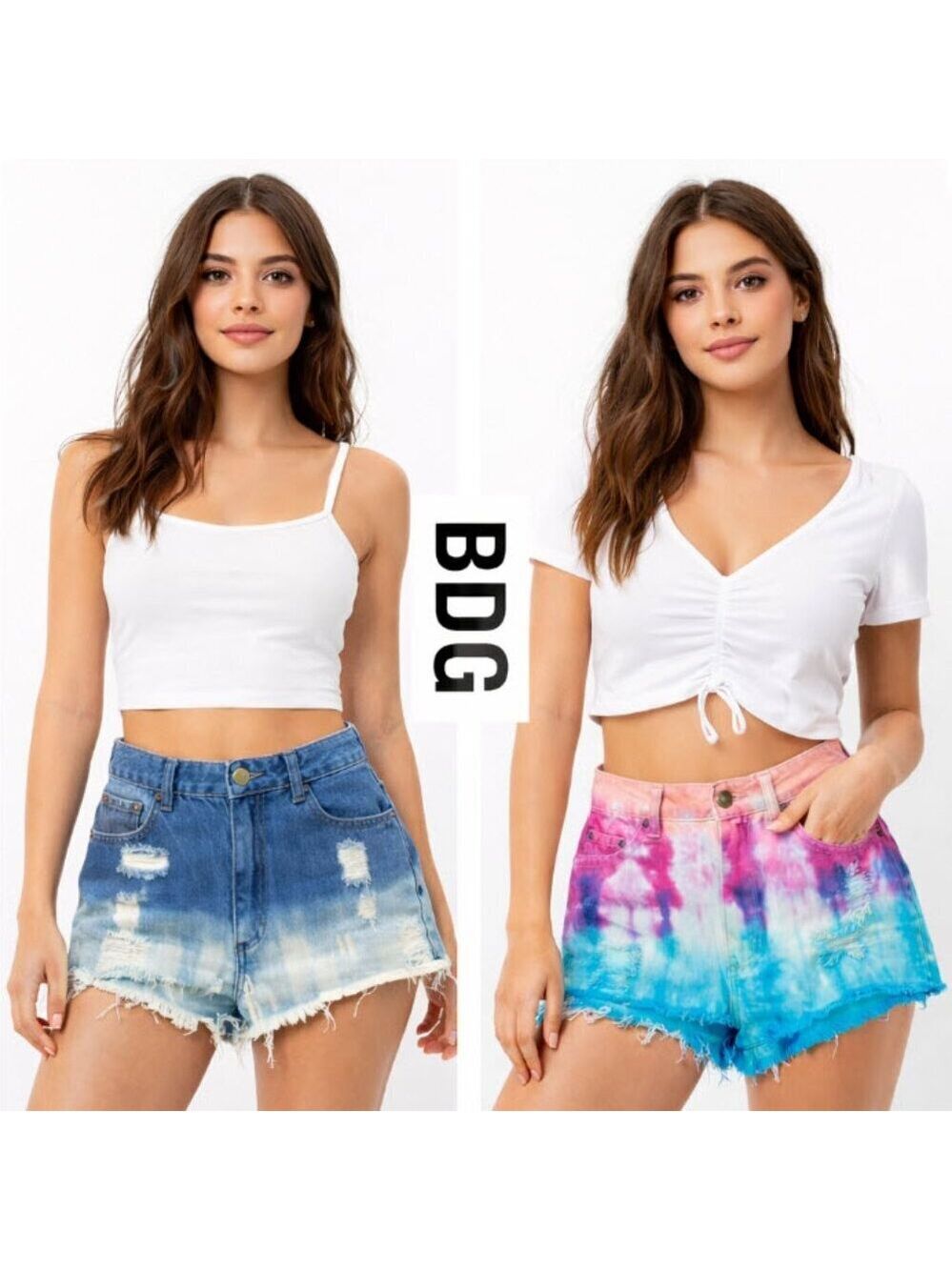Bundle of 2 BDG Jean Shorts Distressed Tie-Dye Blue and Pink High Rise Cheeky 27